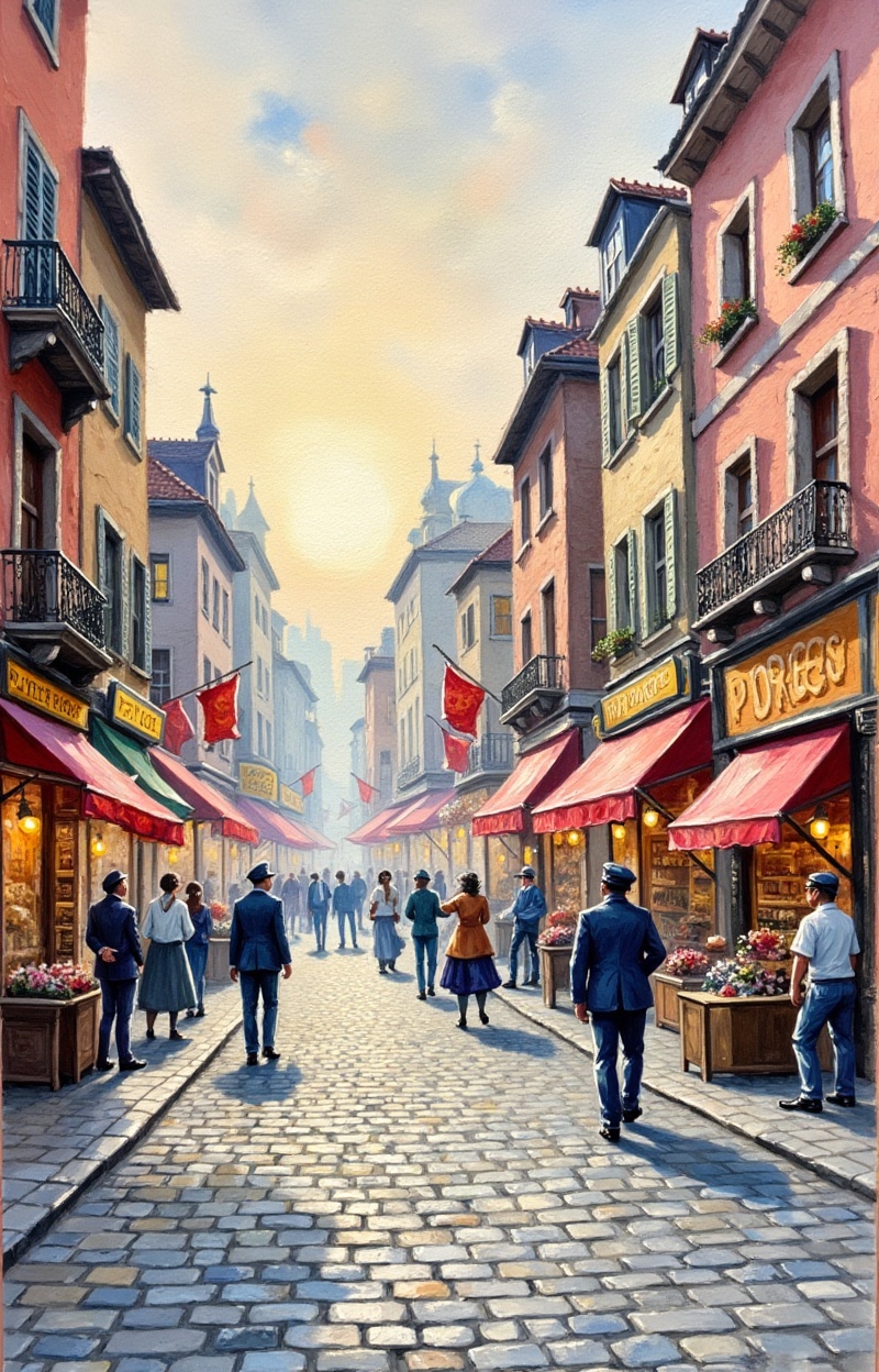 ((Painterly blur)). Watercolor painting,  impressionism,  city street scene on Tensor.Art