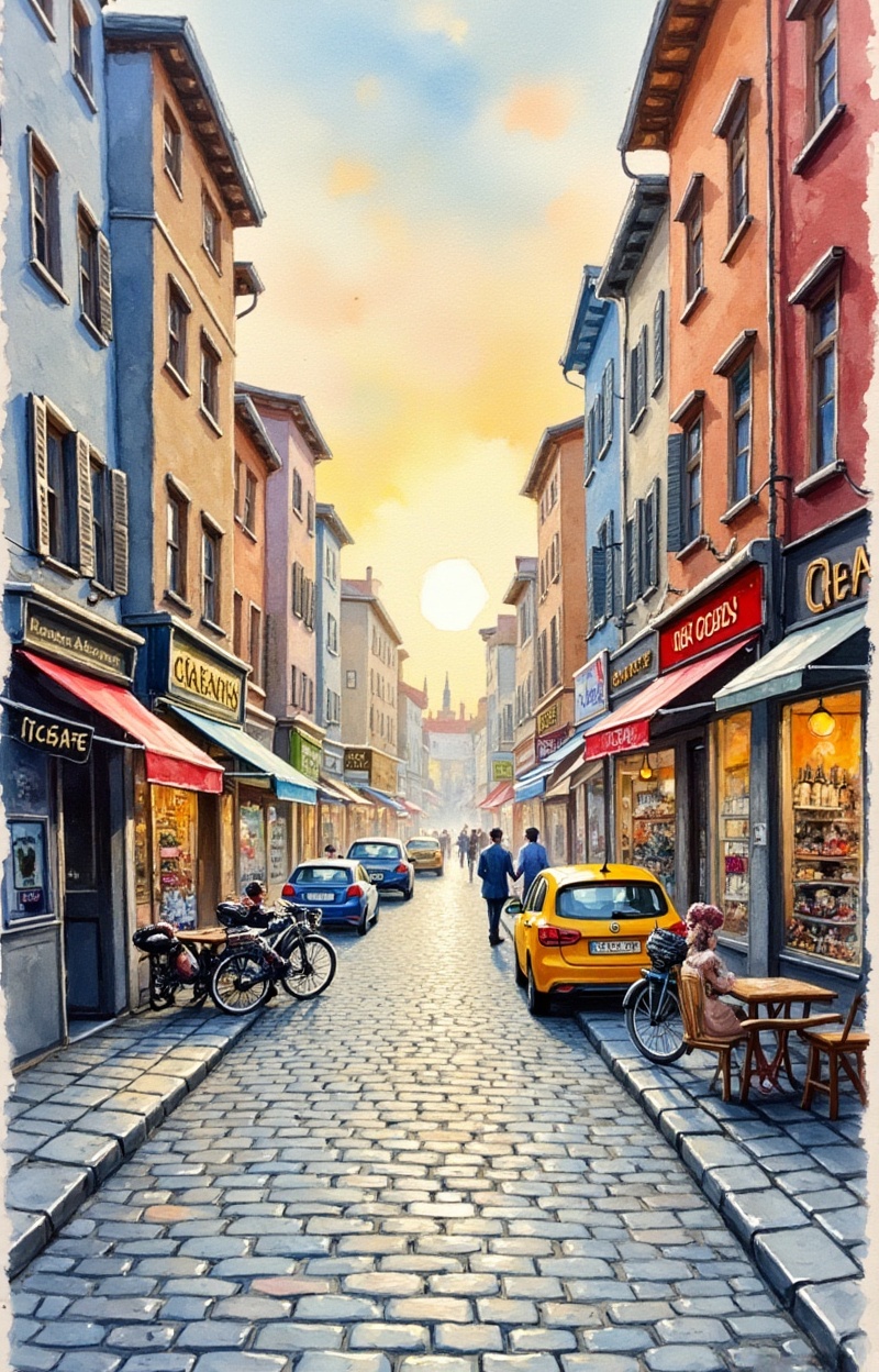 ((Painterly blur)). Watercolor painting,  impressionism,  city street scene on Tensor.Art
