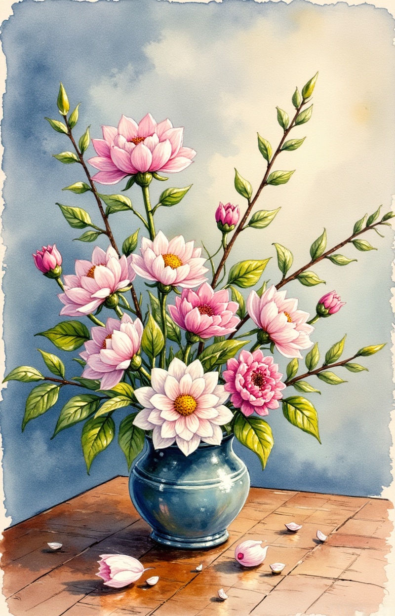 ((Painterly blur)). Impressionist watercolor painting,  still life with flowers,  delicate brush strokes on Tensor.Art