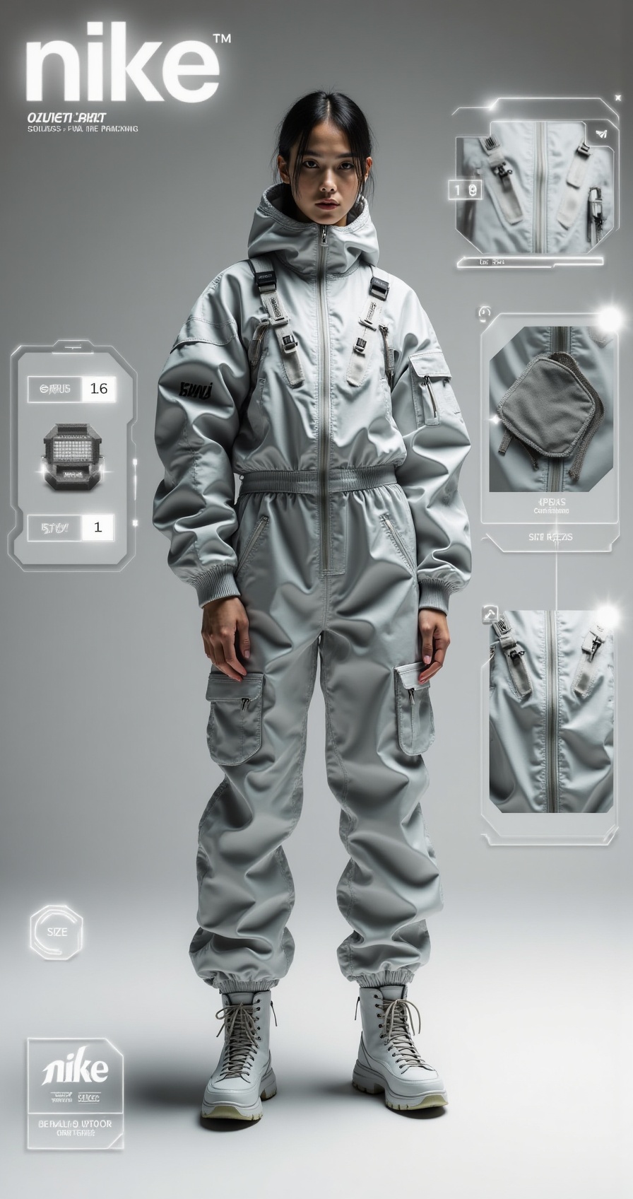 A female model wearing a futuristic coverall suit by Nike,  reflective fabric,  grey tones on Tensor.Art