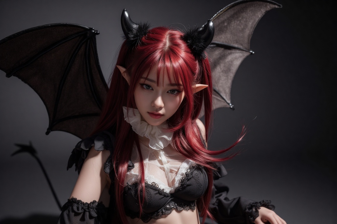Create a vivid scene featuring a solo girl in a captivating cosplay ensemble. She has striking red hair and a dramatic dem...