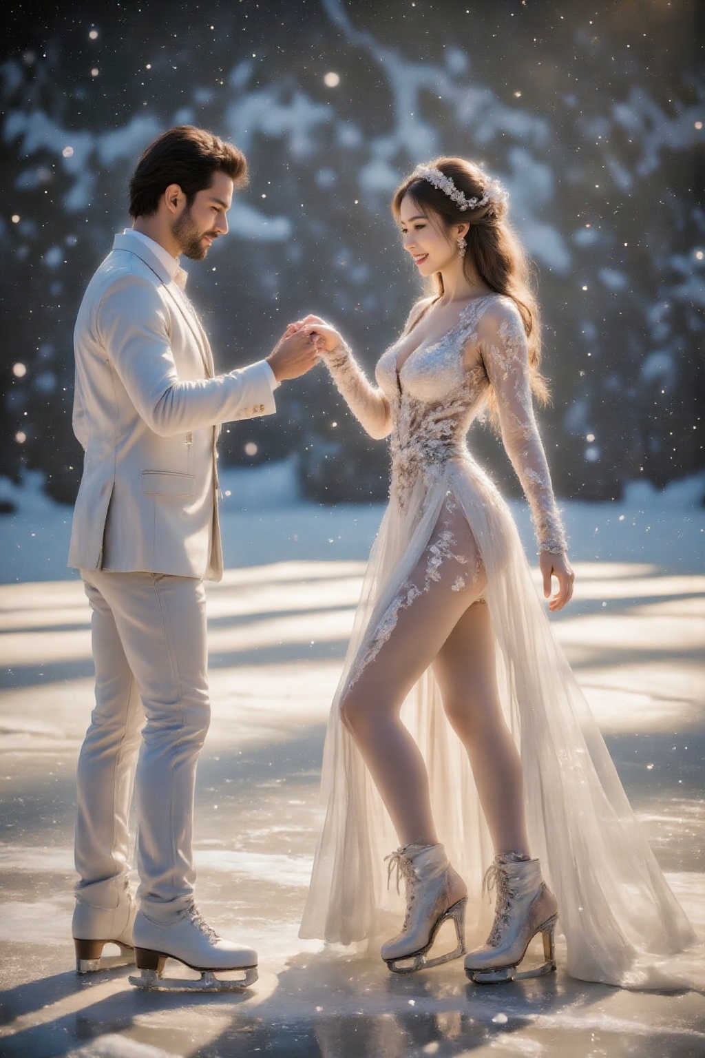Highest quality. Inspiration: Skiing and Skating Image content: On a frozen lake,  a light snow falls. A man and a woman f...