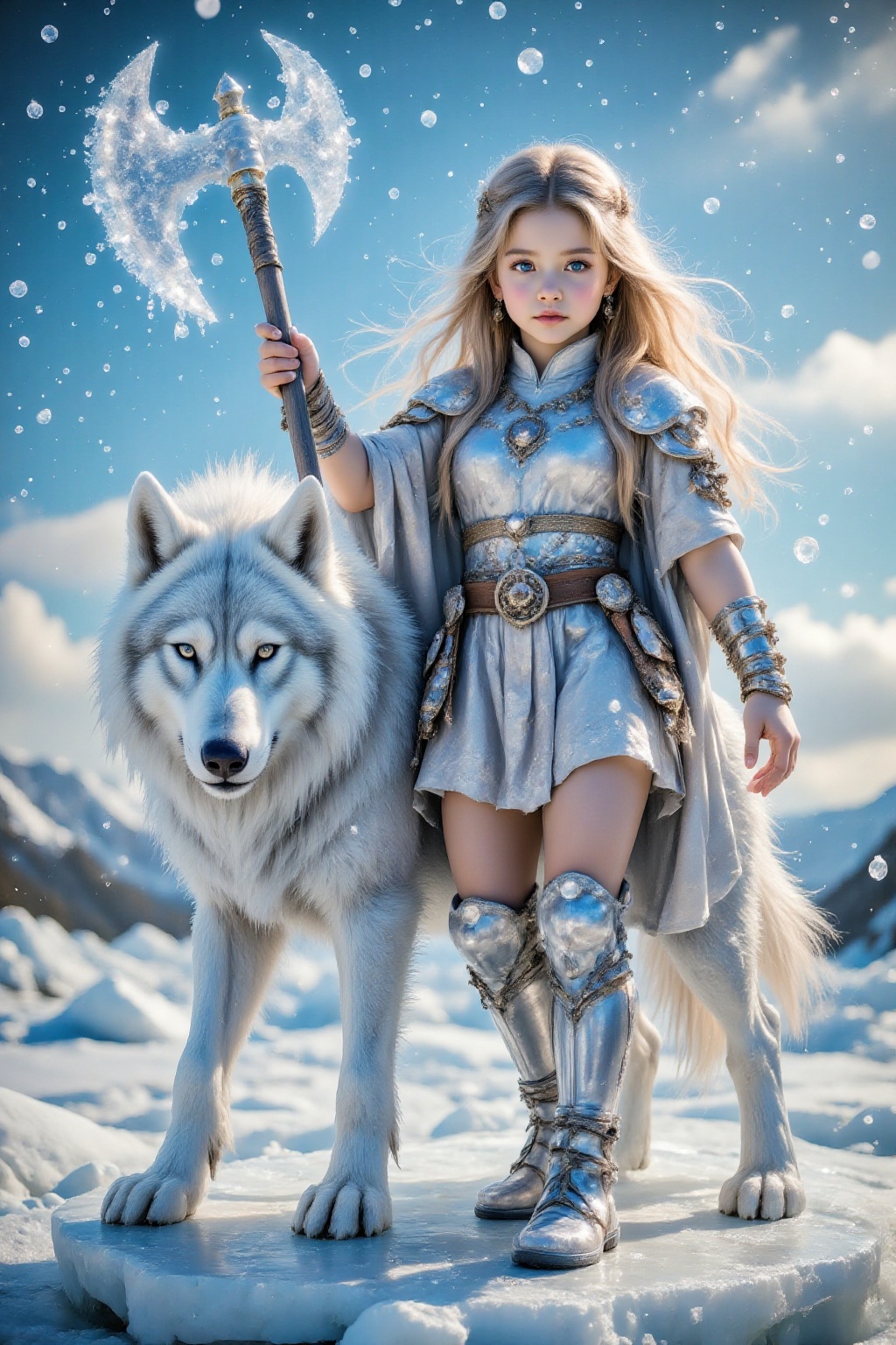Score_9,  a transparent ice sculpture carved from a block of ice. A young girl with flowing hair,  clad in the heroic trad...