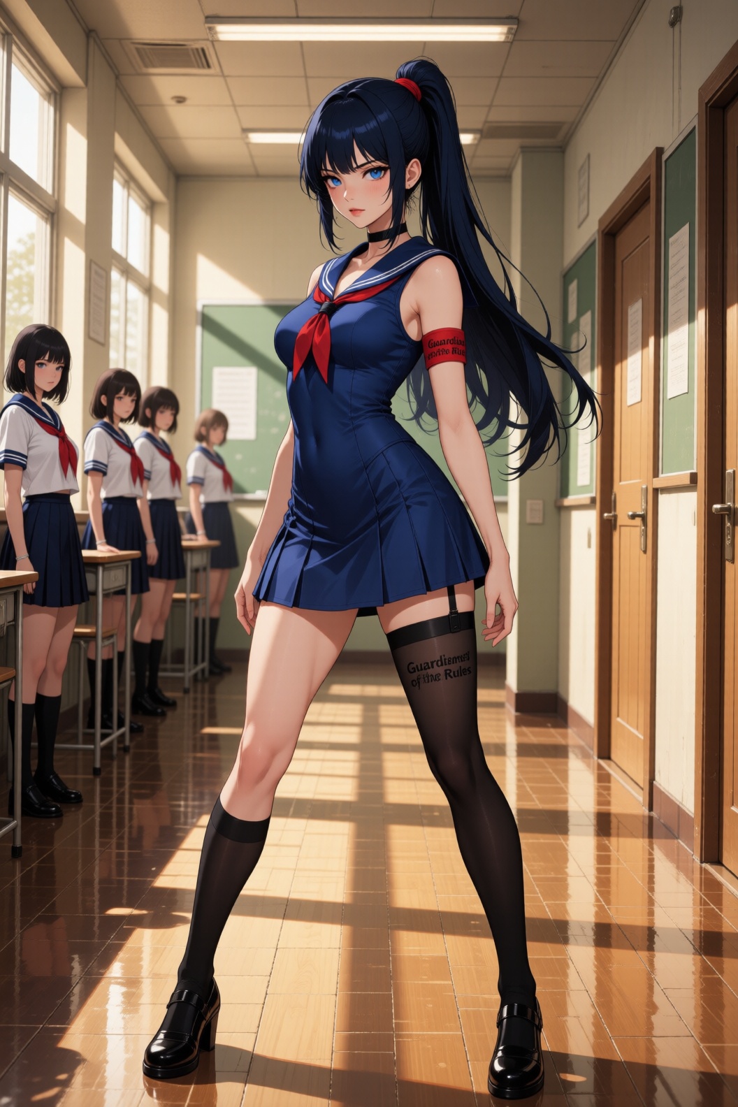 Hyp3rAn1me,  Freeze the moment in a vivid,  anime-style illustration. A school hallway is bathed in warm on Tensor.Art