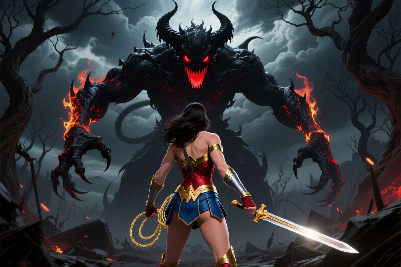 Freeze the moment as Wonder Woman stands defiantly with her back to the viewer,  facing the towering,  menacing demon on T...