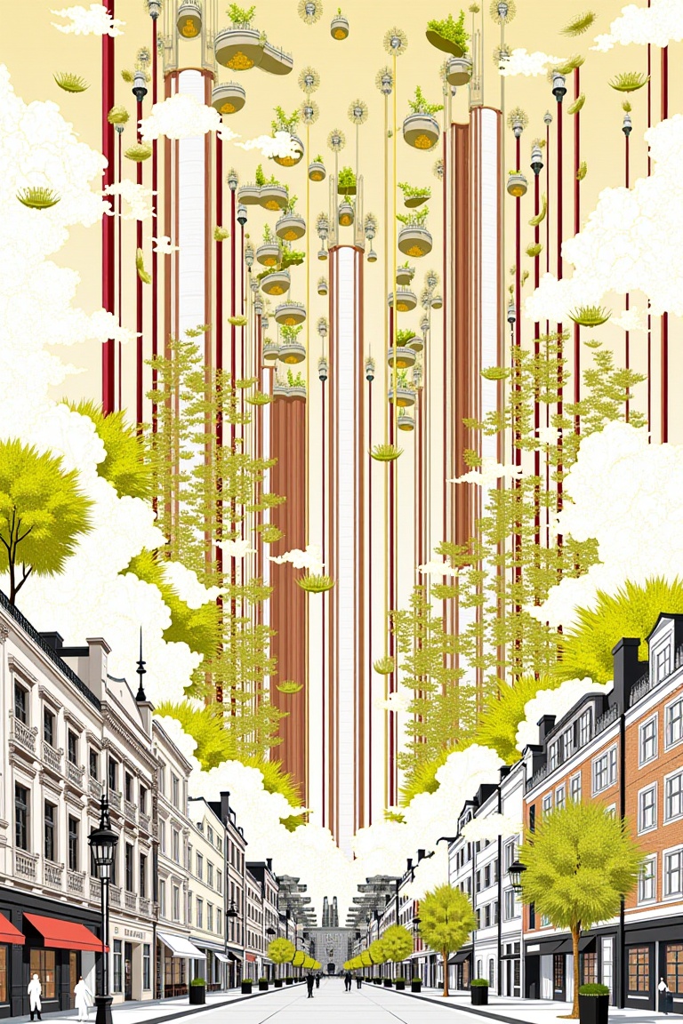 Collage narrative architectural illustration with dramatic vertical ascent and contrasting scales. Depicts a grand urban b...