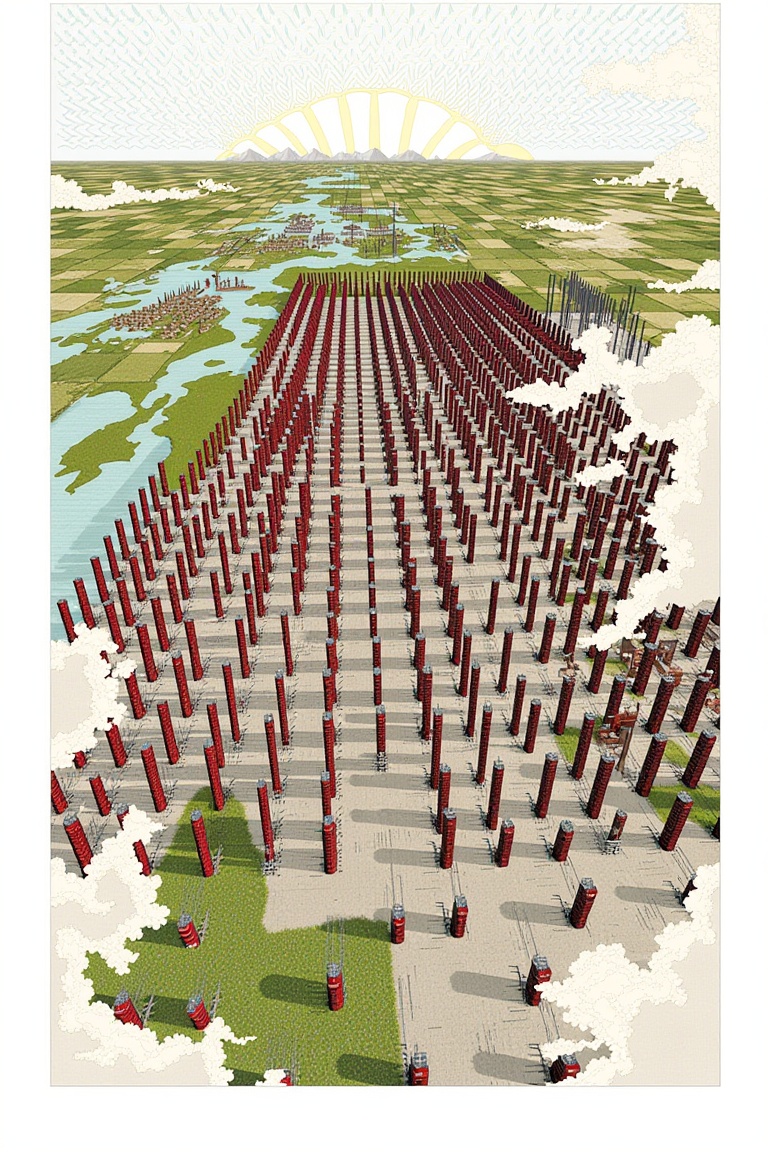 Collage narrative architectural illustration with expansive aerial perspective,  ordered repetition,  and rhythmic structu...