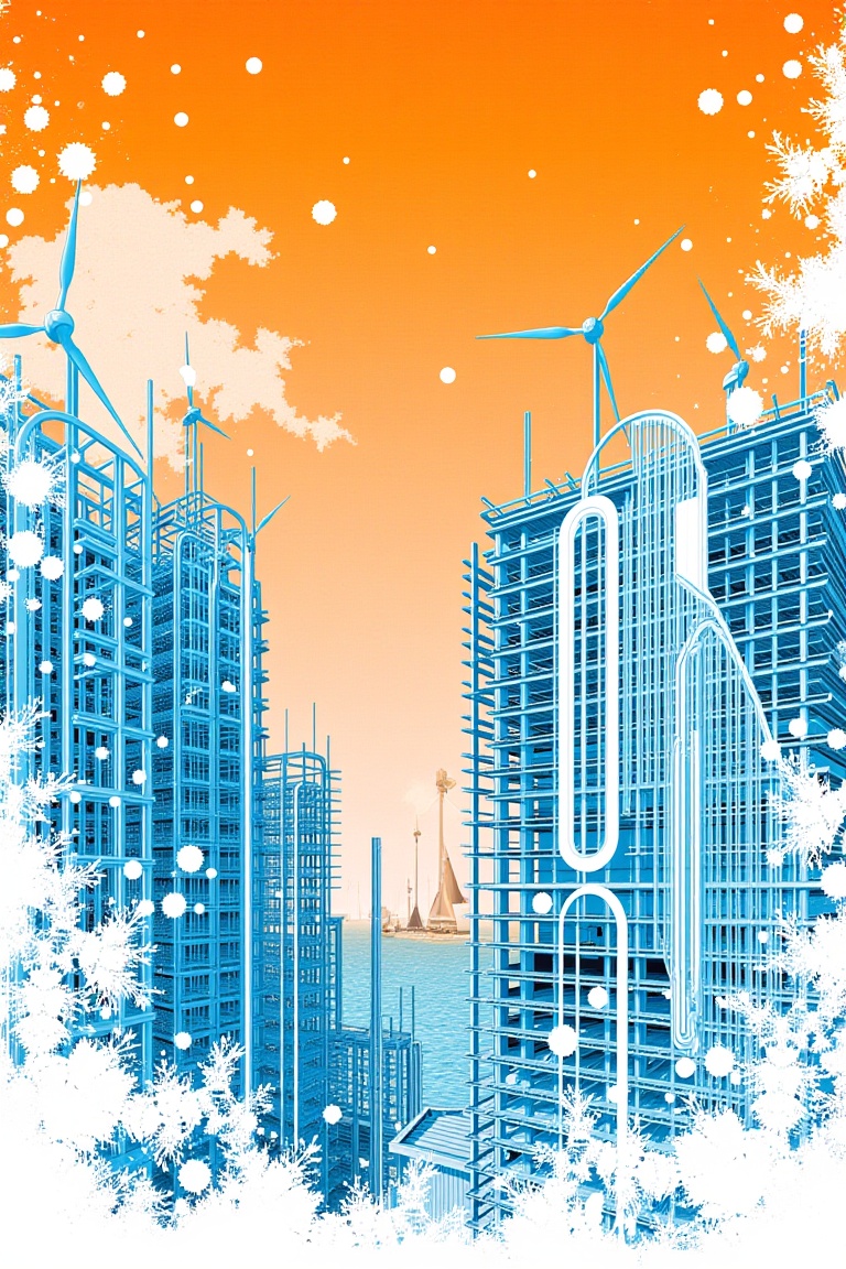 Collage narrative architectural illustration with upward perspective,  layered transparency,  and fine structural linework...