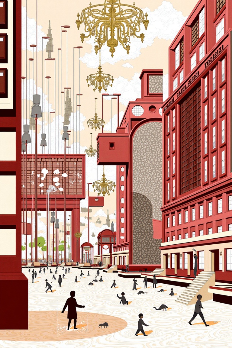 Collage narrative architectural illustration with monumental vertical framing and dense,  layered urban detailing. Depicts...