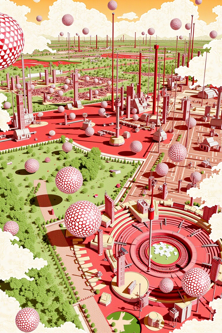 Collage narrative architectural illustration with expansive aerial sweep and radial focal arrangement. Depicts a sprawling...