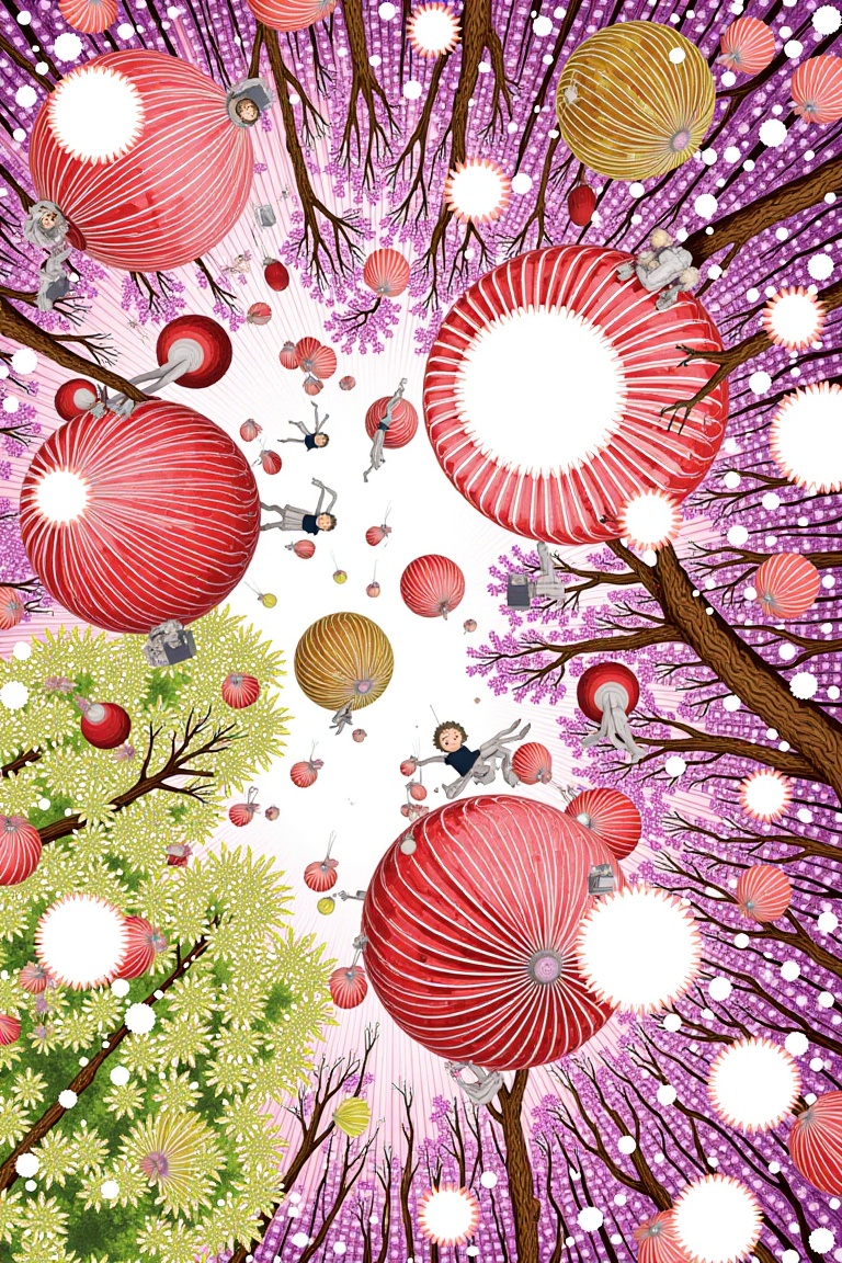 Collage narrative architectural illustration with dynamic upward perspective and whimsical botanical fantasy. Depicts a su...