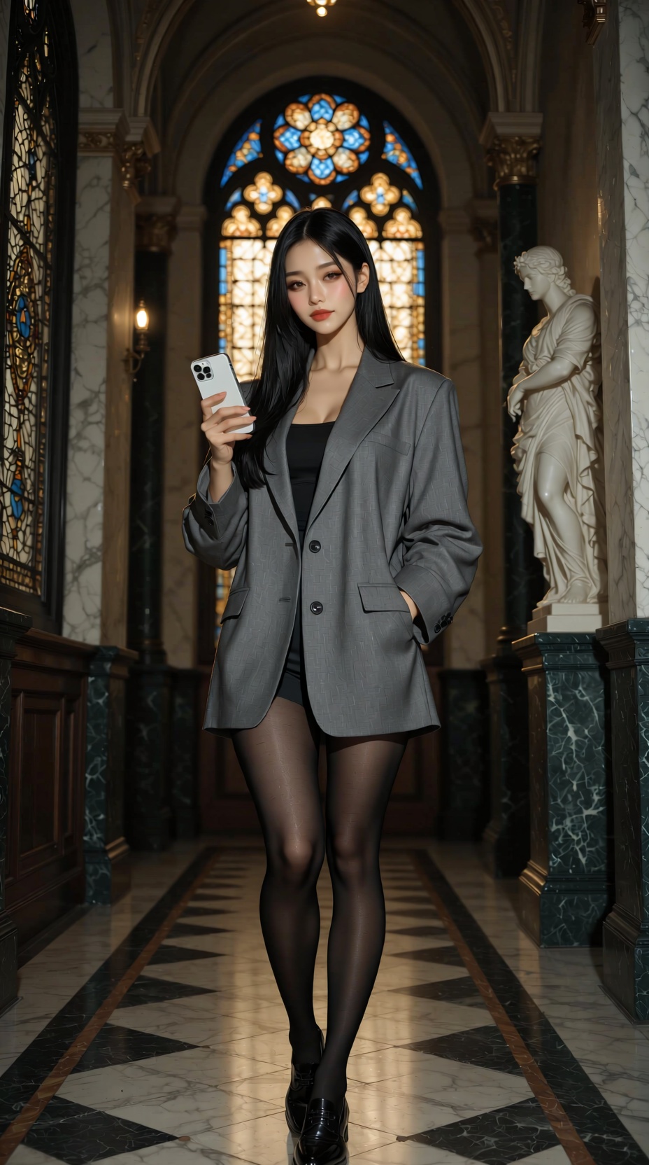 Photograph of a young Asian woman with fair skin and straight black hair,  wearing a grey oversized blazer,  sheer black t...