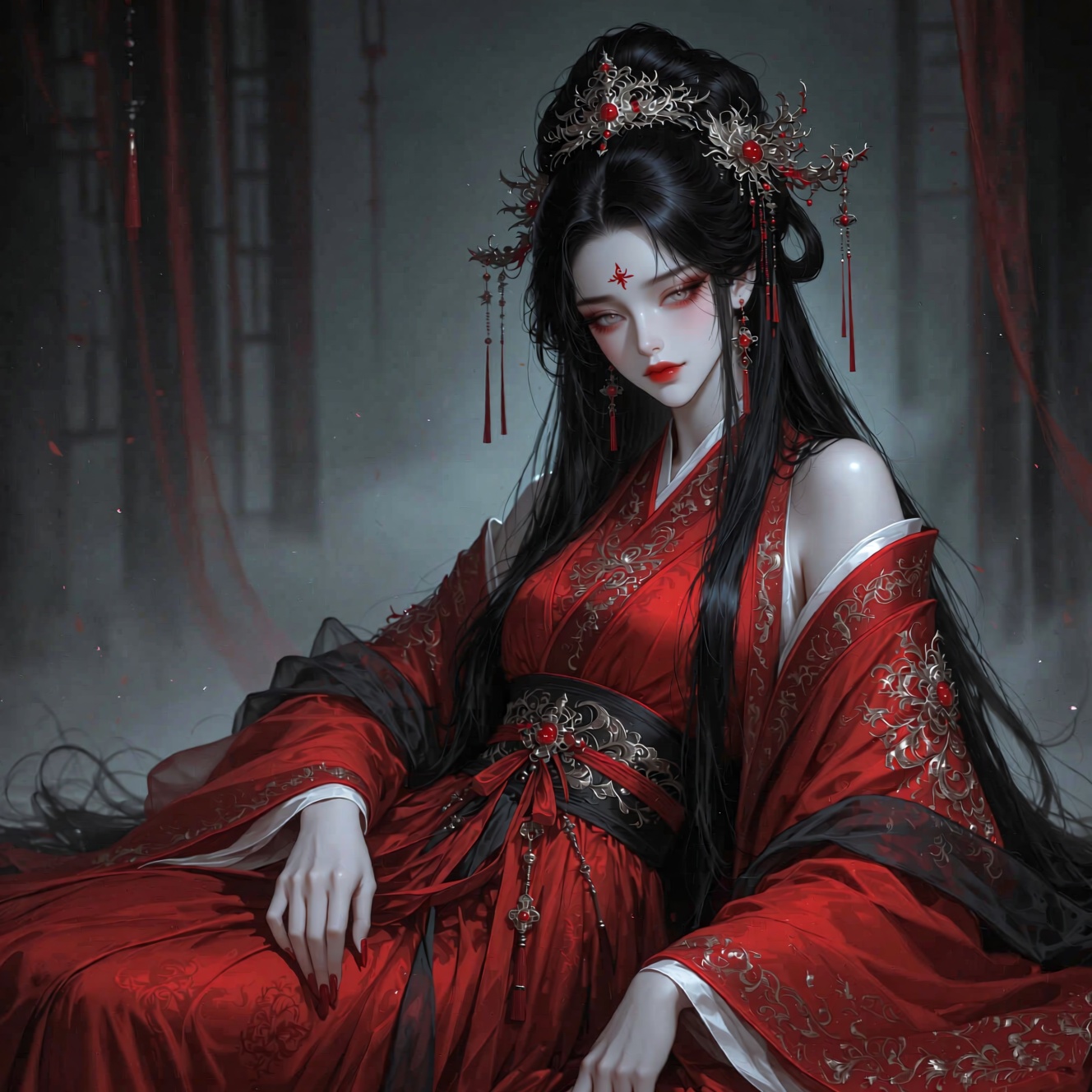 冷白皮肤的妖艳女子,  黑色头发披散,  头戴复杂发饰 on Tensor.Art