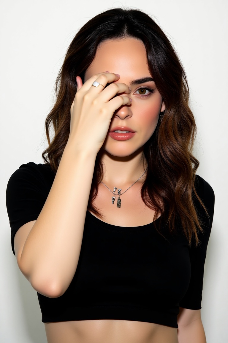 photograph of a beautiful young woman with long wavy hair,  wearing a black top,  hand covering her right eye and face on...