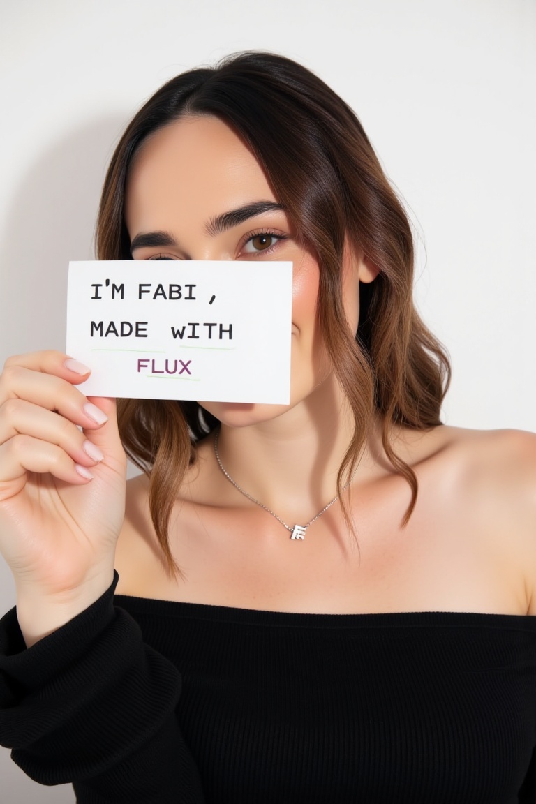 This is a photograph of a young woman with long hair. She has a subtle smile. She is holding a white card with black text...