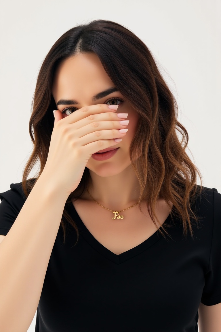 photograph of a beautiful young woman with long wavy hair,  wearing a black top,  hand covering her right eye and face on...