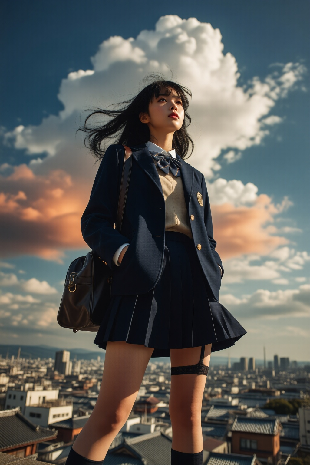 midjourneylowangle11q Low angle shot. A high school girl with long,  flowing black hair,  standing confidently at the edge...