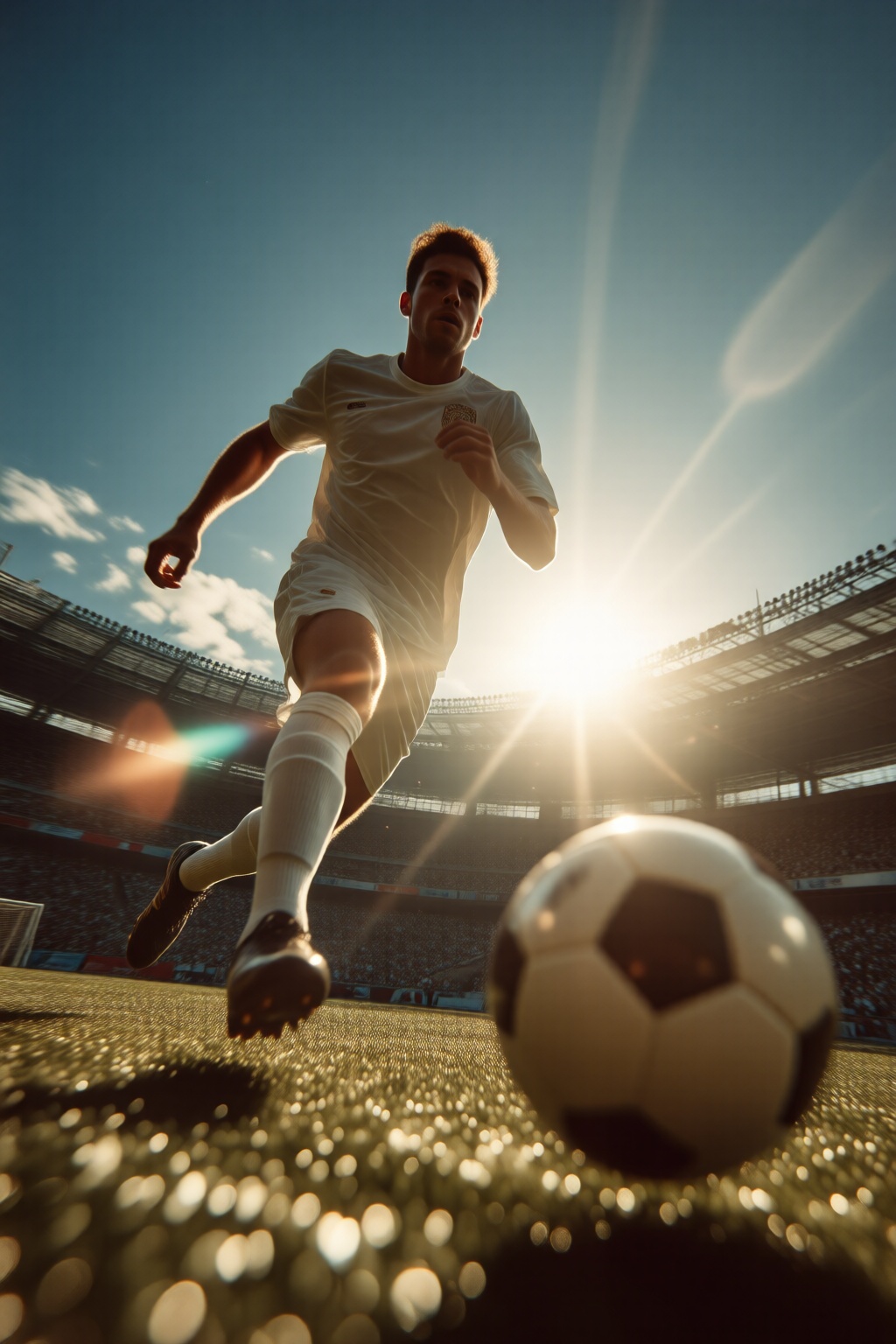midjourneylowangle11q Low angle shot. A male soccer player is running towards a soccer ball. The player is wearing a white...