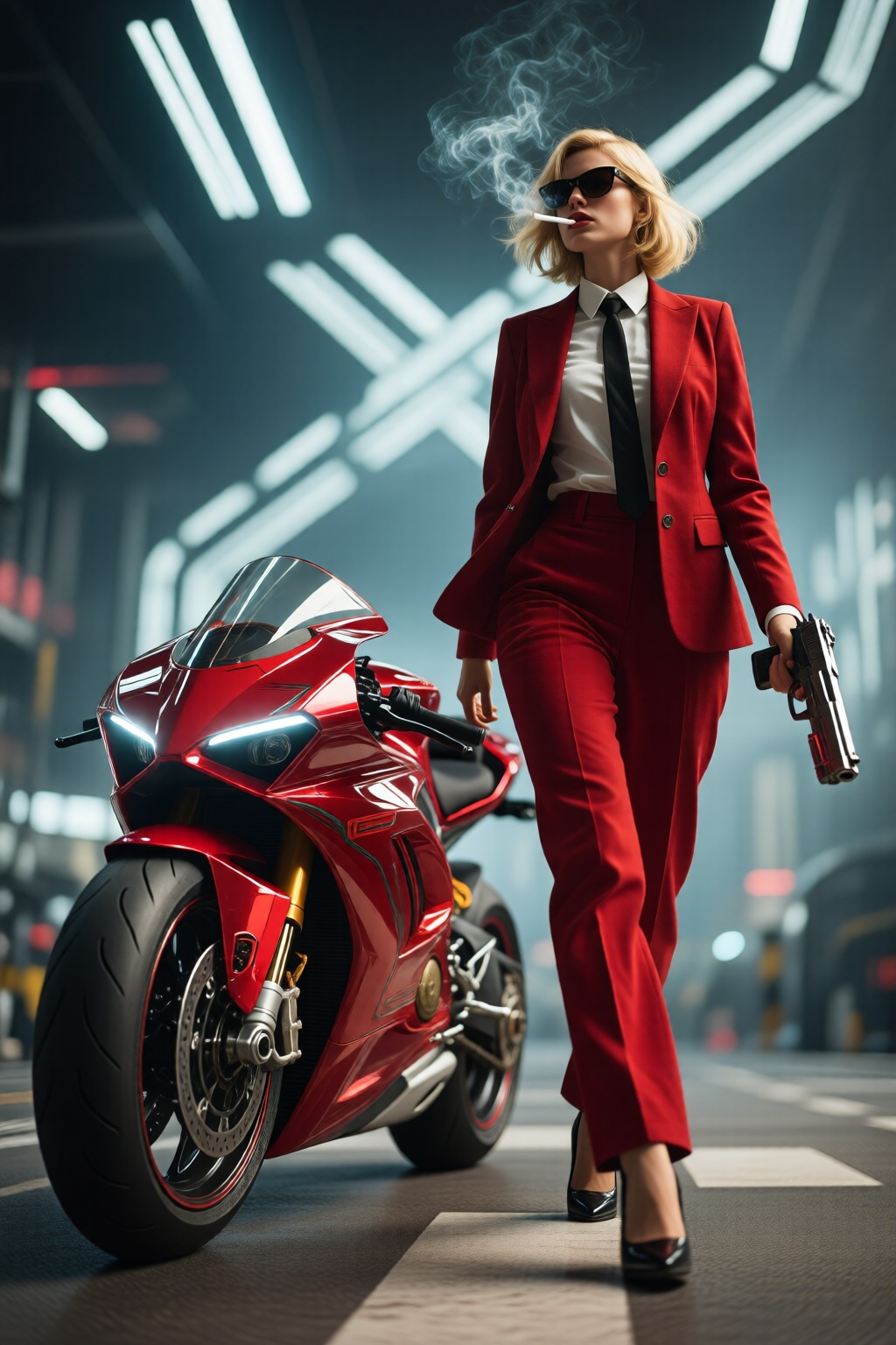 midjourneylowangle11q Low angle shot. Blonde woman walking away from a futuristic motorcycle parked at a zebra crossing. T...