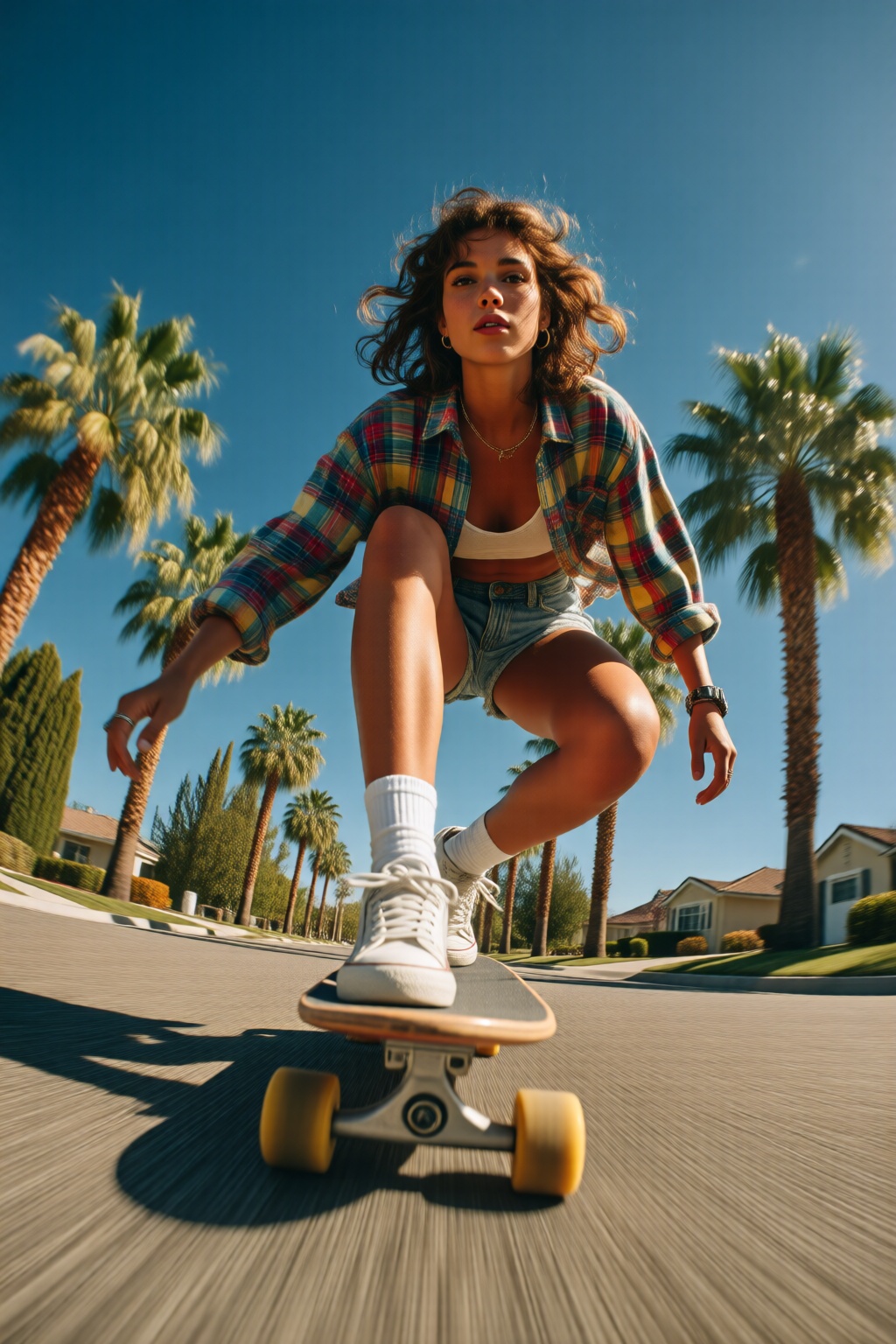 midjourneylowangle11q Low angle shot. A woman is riding a skateboard on a smooth road surrounded by palm trees and houses....