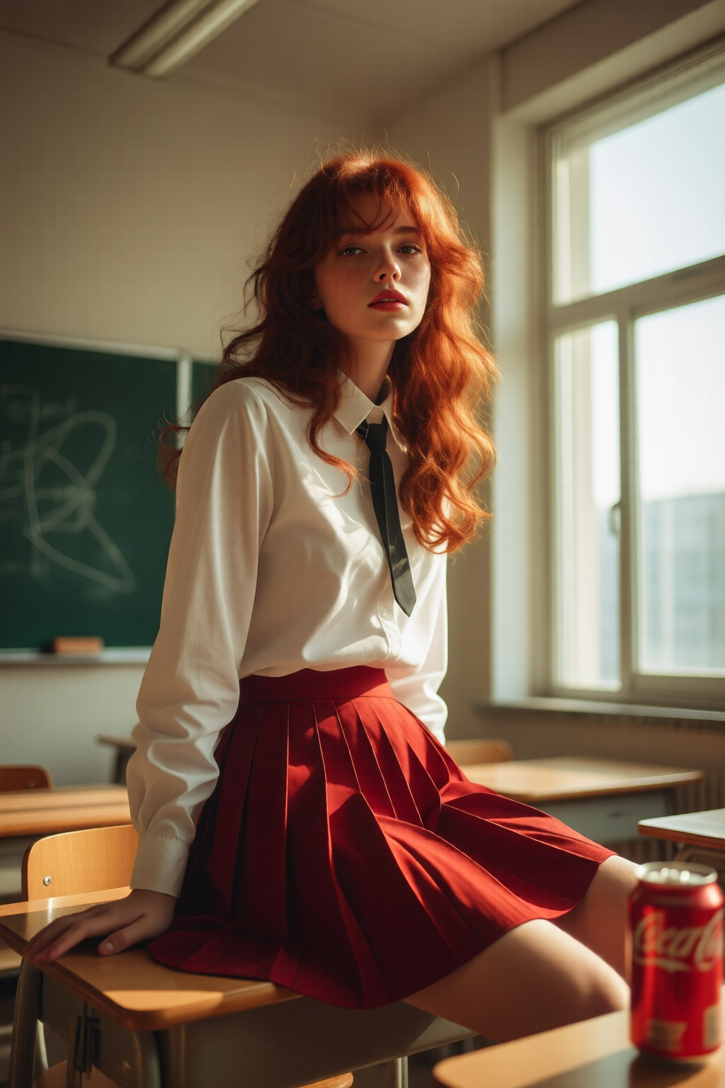 midjourneylowangle11q Low angle shot. A young woman with long,  wavy red hair,  wearing a white blouse with a black tie an...