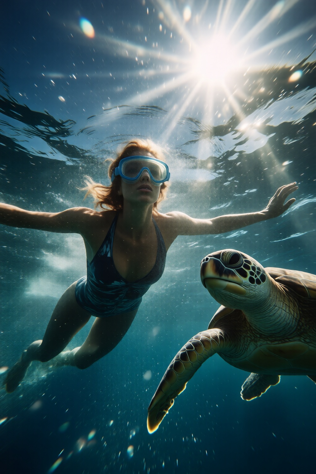 midjourneylowangle11q Low angle shot. A woman swimming underwater. The woman is wearing a one piece swimsuit,  and she is...