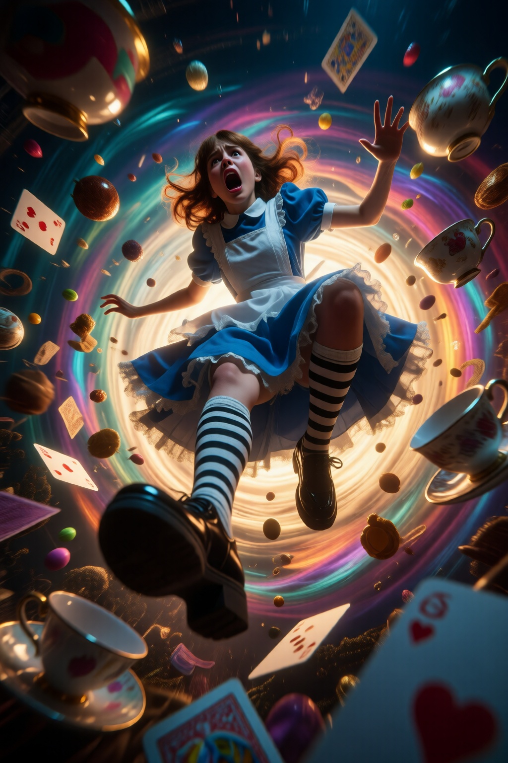 midjourneylowangle11q Low angle shot. Close-up of Alice in Wonderland falling into the rabbit hole,  with her legs danglin...