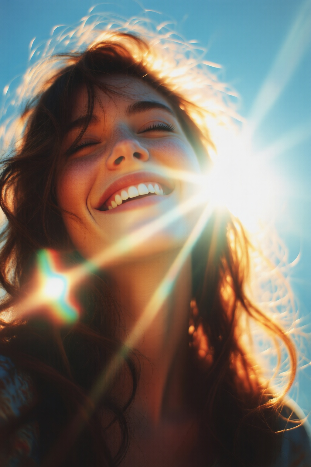 midjourneylowangle11q Low angle shot. Close-up of a woman with closed eyes,  laughing joyfully. Her face is illuminated by...