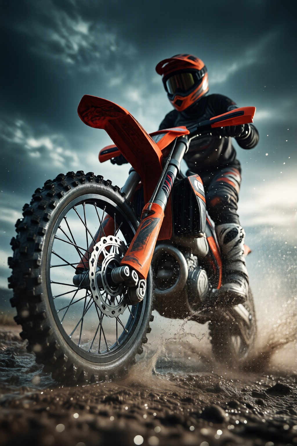 midjourneylowangle11q Low angle shot. A motocross rider in full gear,  including a helmet and protective clothing,  is rid...