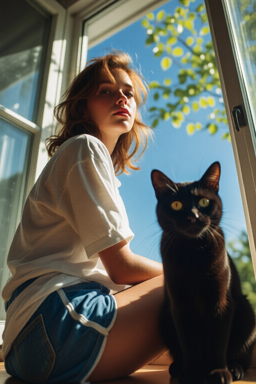 midjourneylowangle11q Low angle shot. Close-up of a young woman,  shown in side profile,  sitting by a window. She is look...