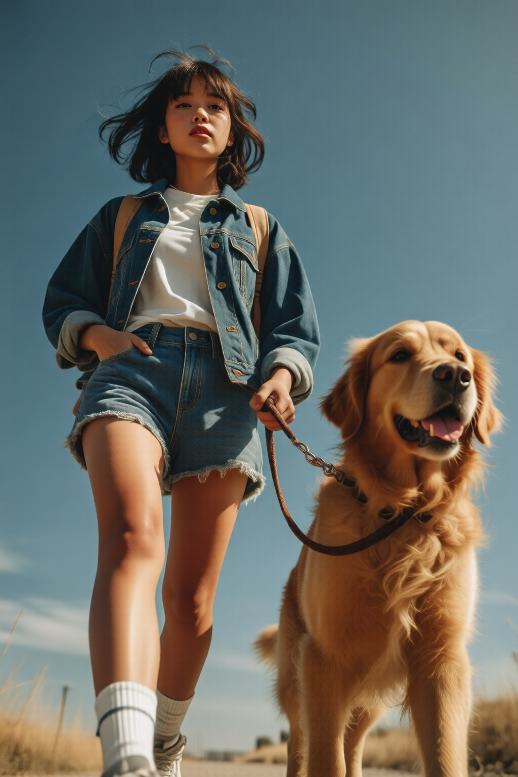 midjourneylowangle11q Low angle shot. An Asian teenager,  wearing a white short-sleeved shirt and short blue jean shorts,...