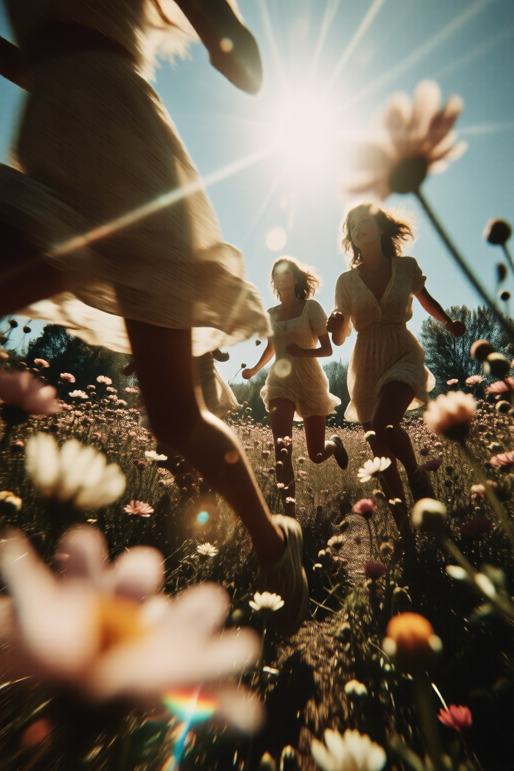 midjourneylowangle11q Low angle shot. Low angle shot. A group of women is running through a field of blooming flowers. The...