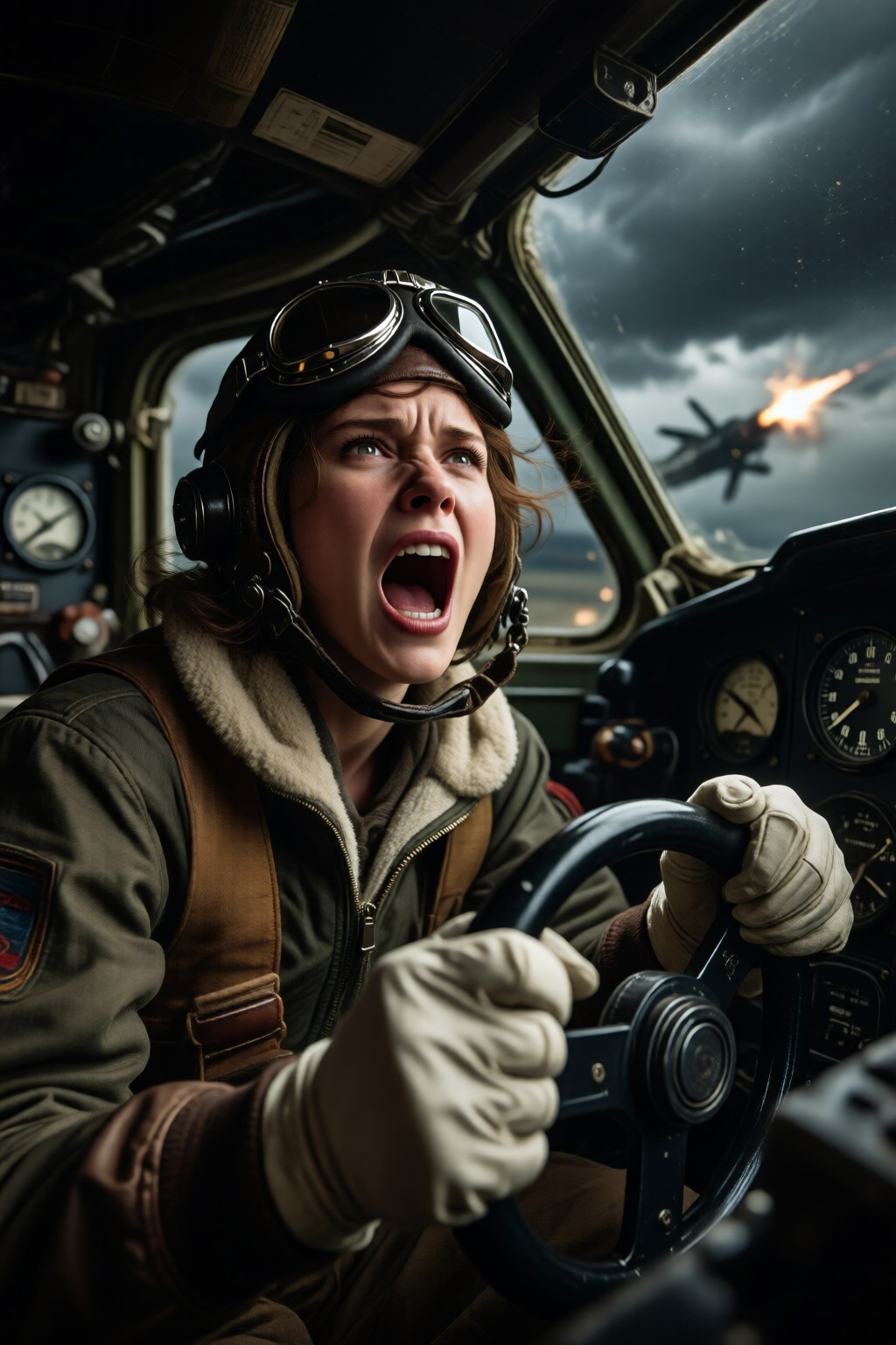 midjourneylowangle11q Low angle shot. A female pilot screaming inside the cockpit of a World War II bomber. The pilot,  we...