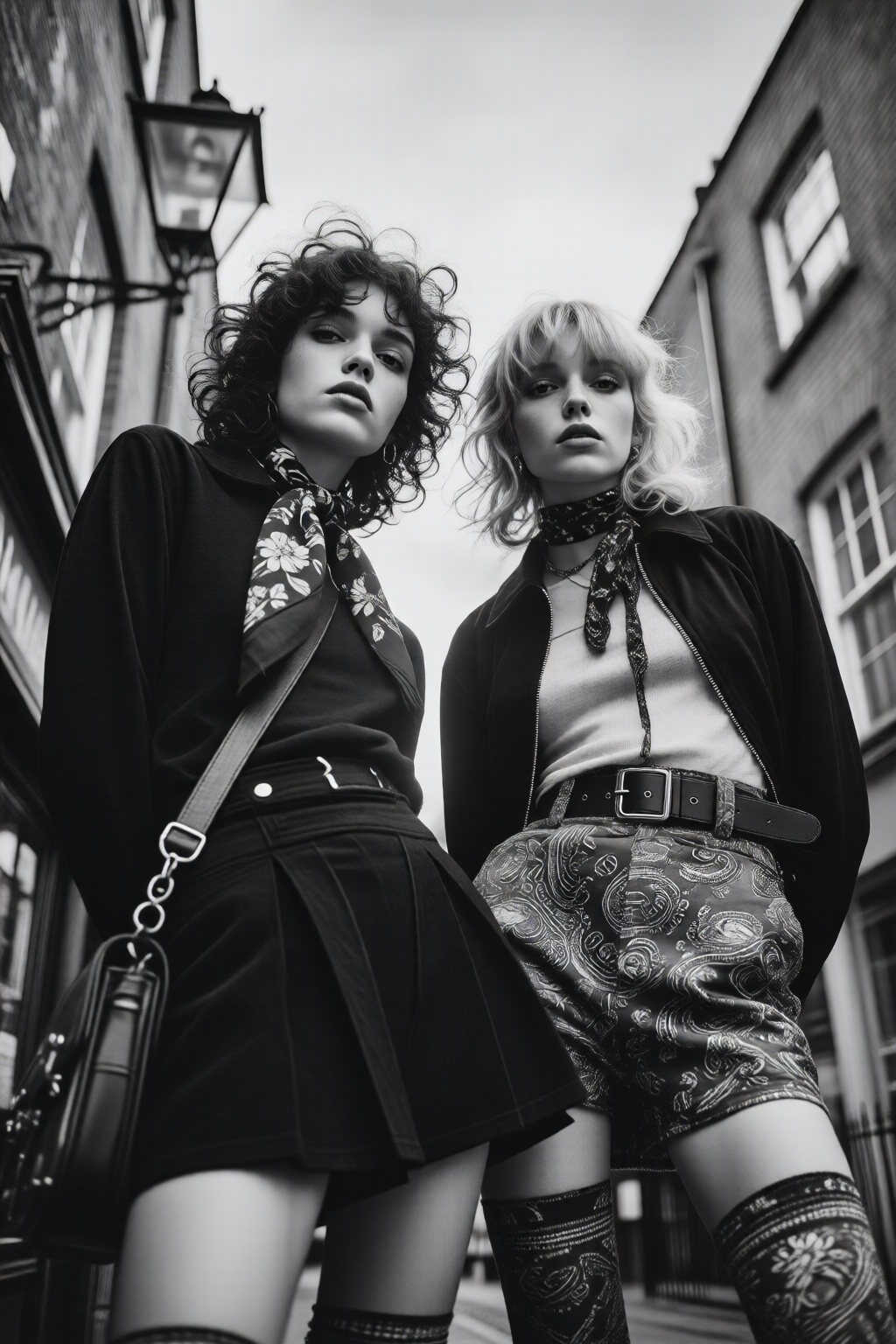midjourneylowangle11q Low angle shot. Black and white photograph of two women are standing side by side in an urban settin...