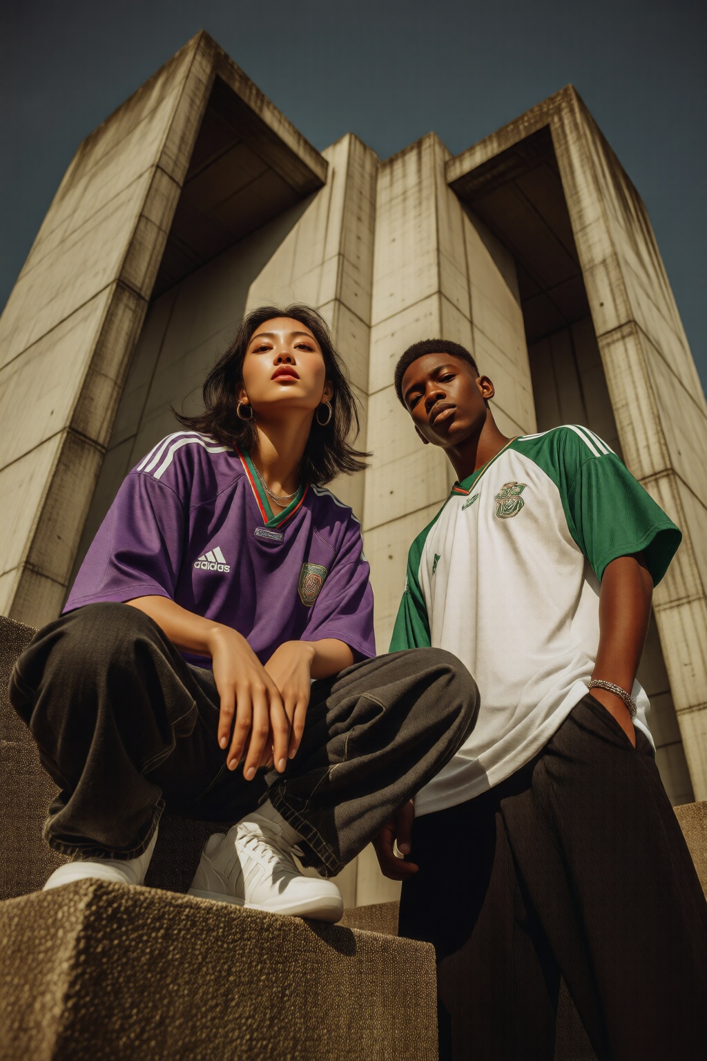 midjourneylowangle11q Low angle shot. An Asian woman and an African man are standing in front of a large concrete structur...