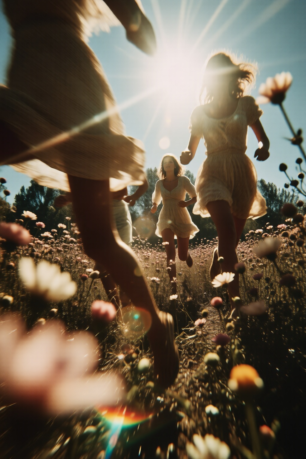 midjourneylowangle11q Low angle shot. Low angle shot. A group of women is running through a field of blooming flowers. The...