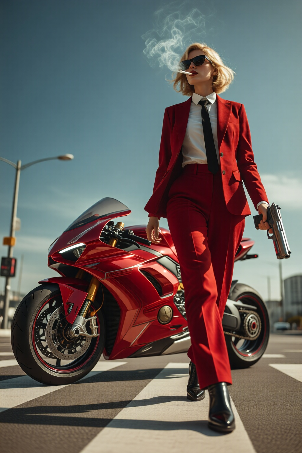 midjourneylowangle11q Low angle shot. Blonde woman walking away from a futuristic motorcycle parked at a zebra crossing. T...