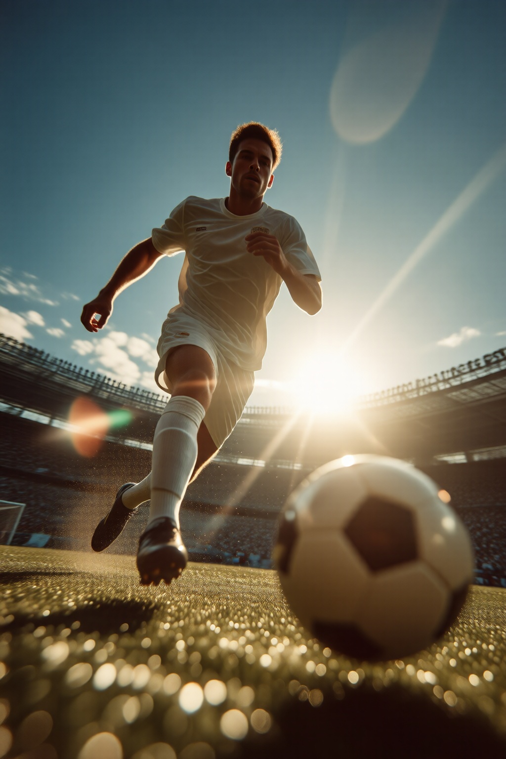 midjourneylowangle11q Low angle shot. A male soccer player is running towards a soccer ball. The player is wearing a white...