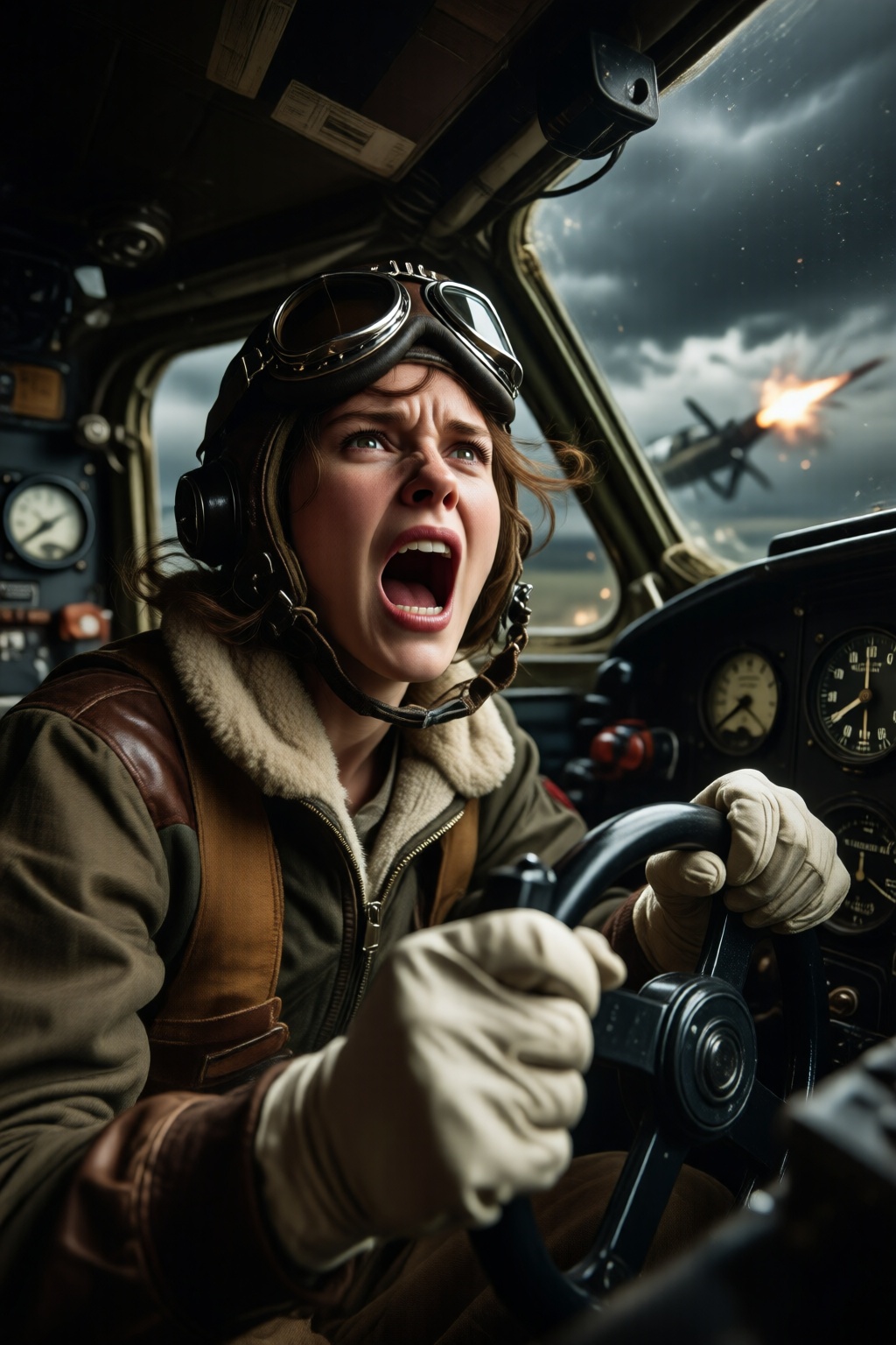 midjourneylowangle11q Low angle shot. A female pilot screaming inside the cockpit of a World War II bomber. The pilot,  we...