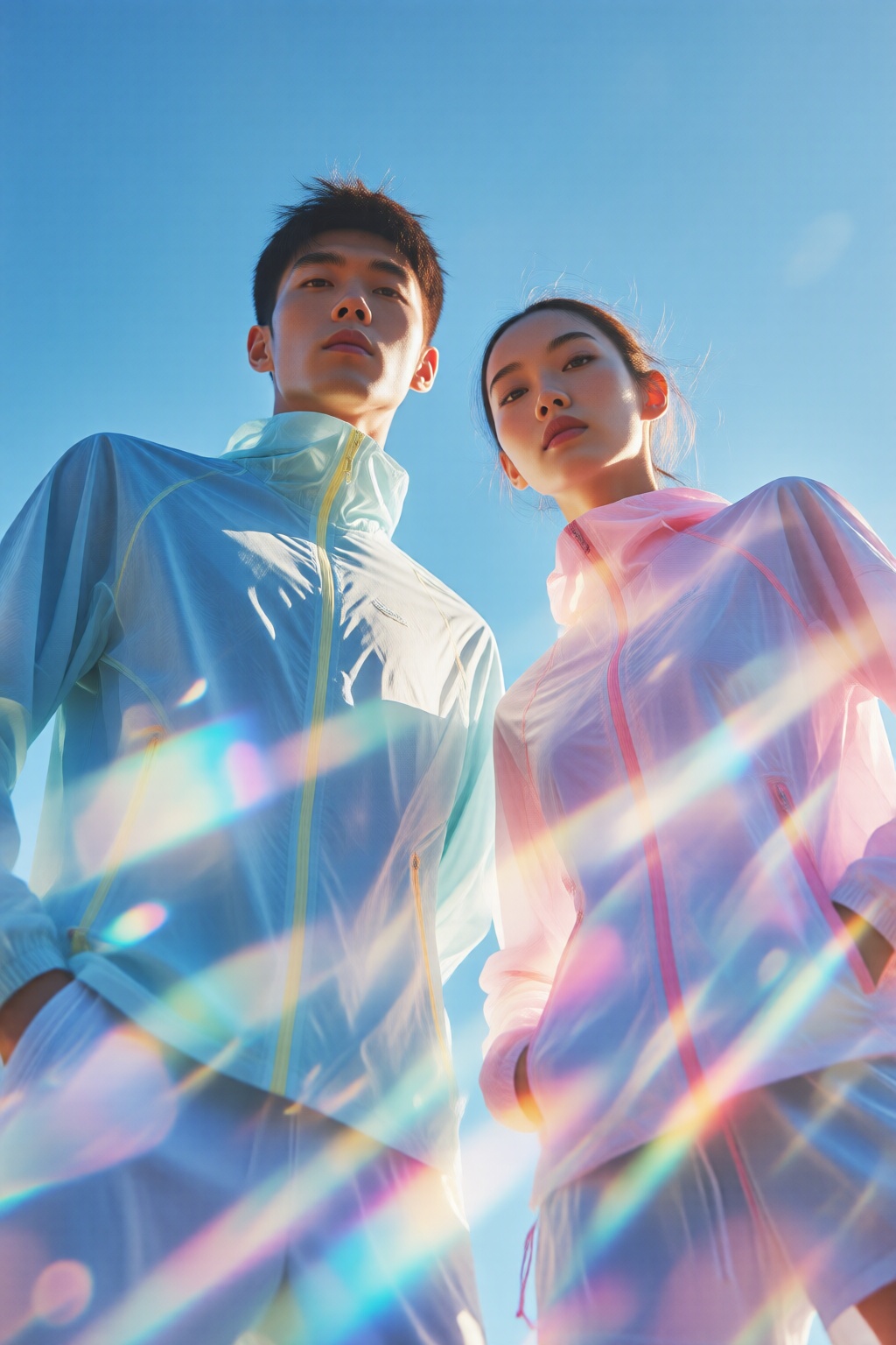 midjourneylowangle11q Low angle shot. An Asian man and an Asian woman are standing side by side,  both wearing light-color...