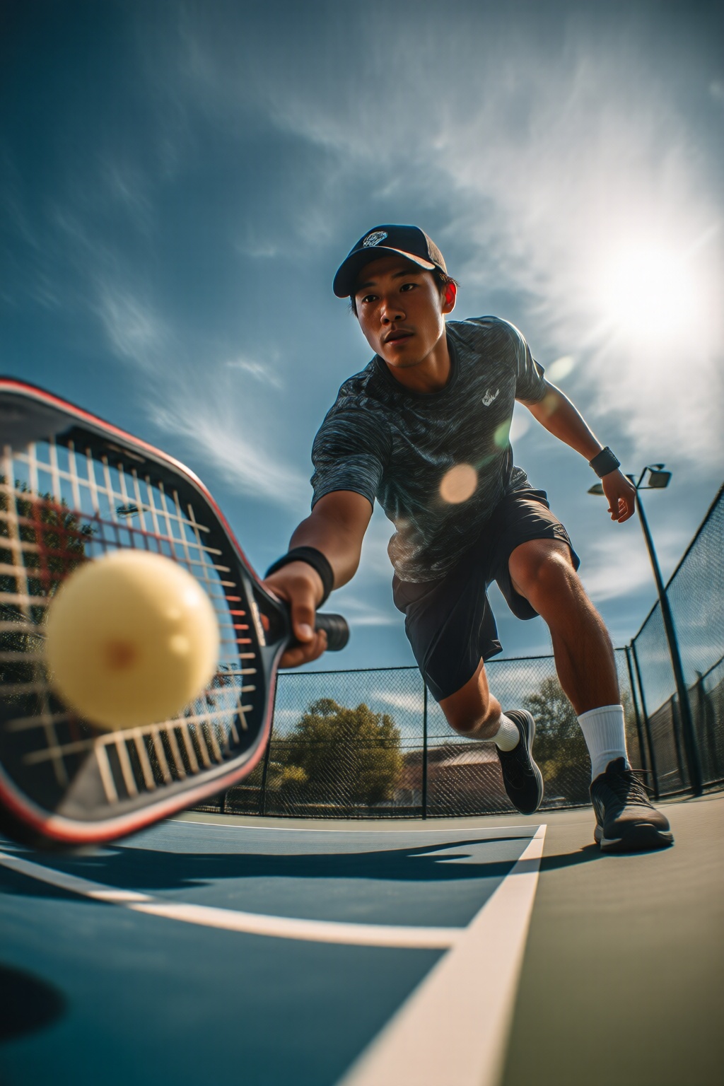 midjourneylowangle11q Low angle shot. An Asian man is playing pickleball on an outdoor court. He is wearing a dark-colored...