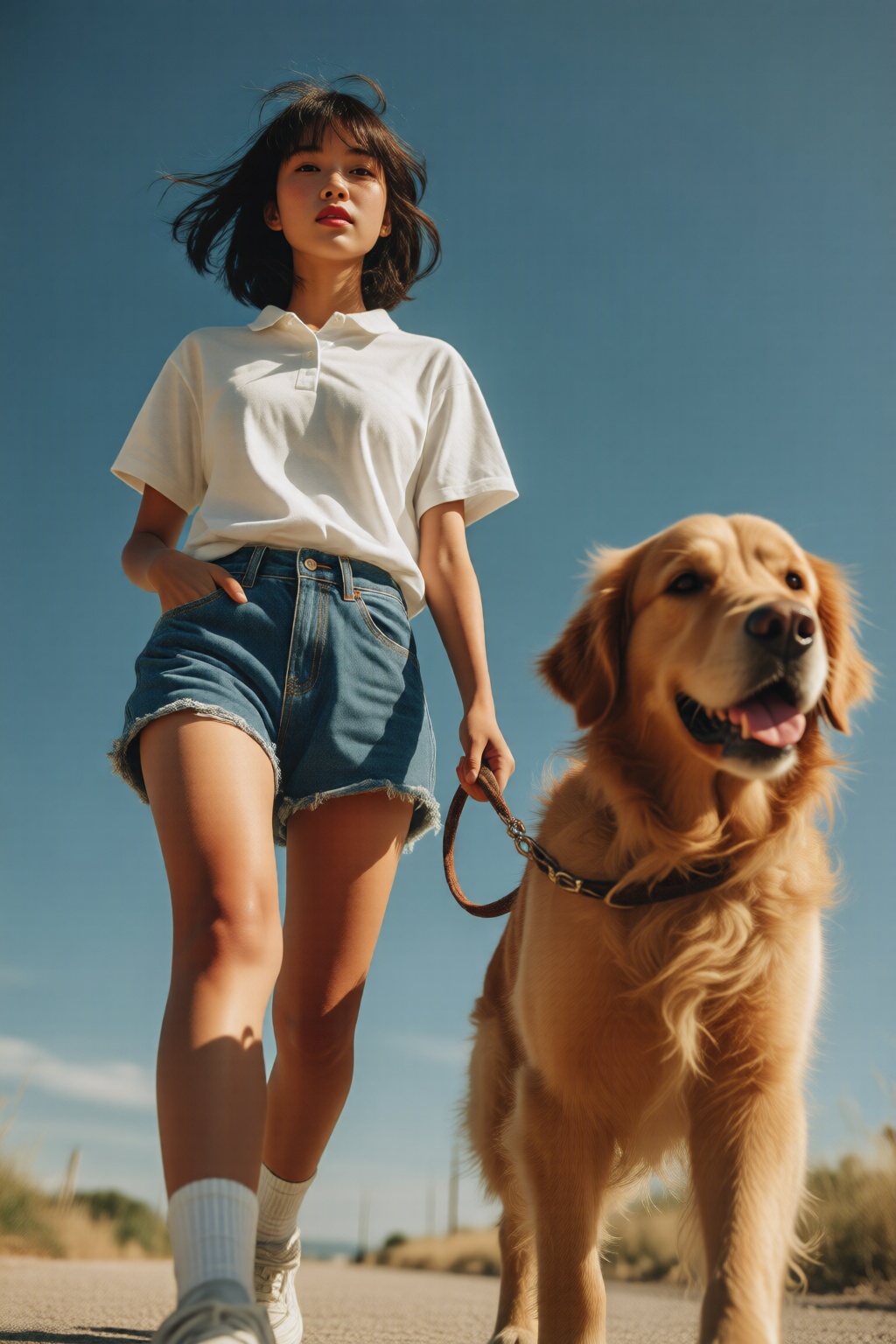 midjourneylowangle11q Low angle shot. An Asian teenager,  wearing a white short-sleeved shirt and short blue jean shorts,...