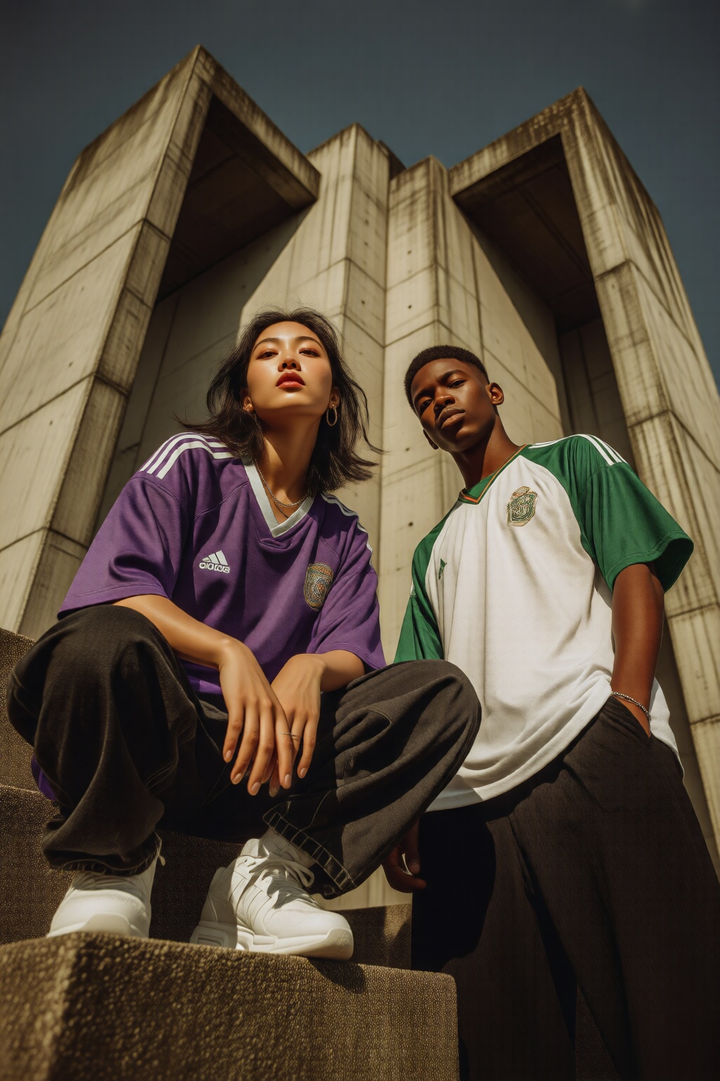 midjourneylowangle11q Low angle shot. An Asian woman and an African man are standing in front of a large concrete structur...