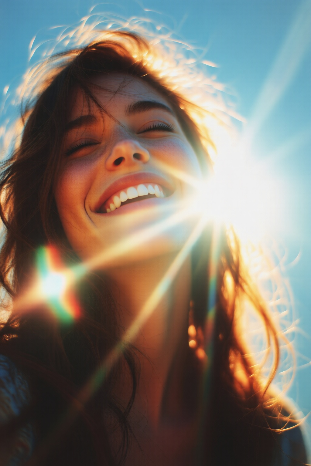 midjourneylowangle11q Low angle shot. Close-up of a woman with closed eyes,  laughing joyfully. Her face is illuminated by...