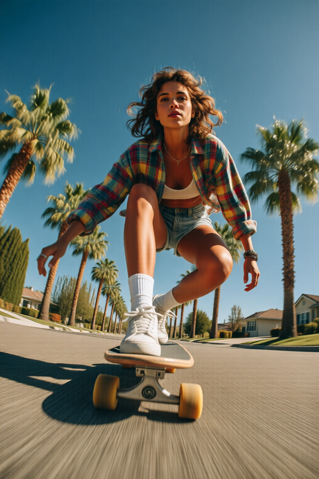 midjourneylowangle11q Low angle shot. A woman is riding a skateboard on a smooth road surrounded by palm trees and houses....