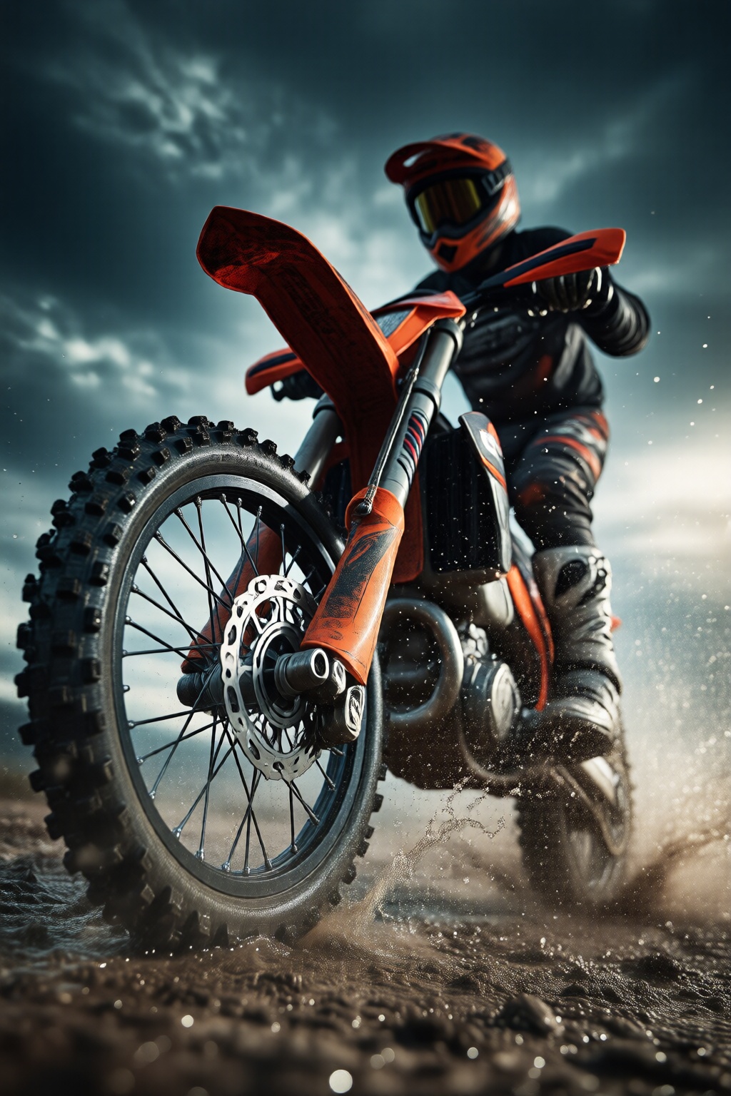 midjourneylowangle11q Low angle shot. A motocross rider in full gear,  including a helmet and protective clothing,  is rid...