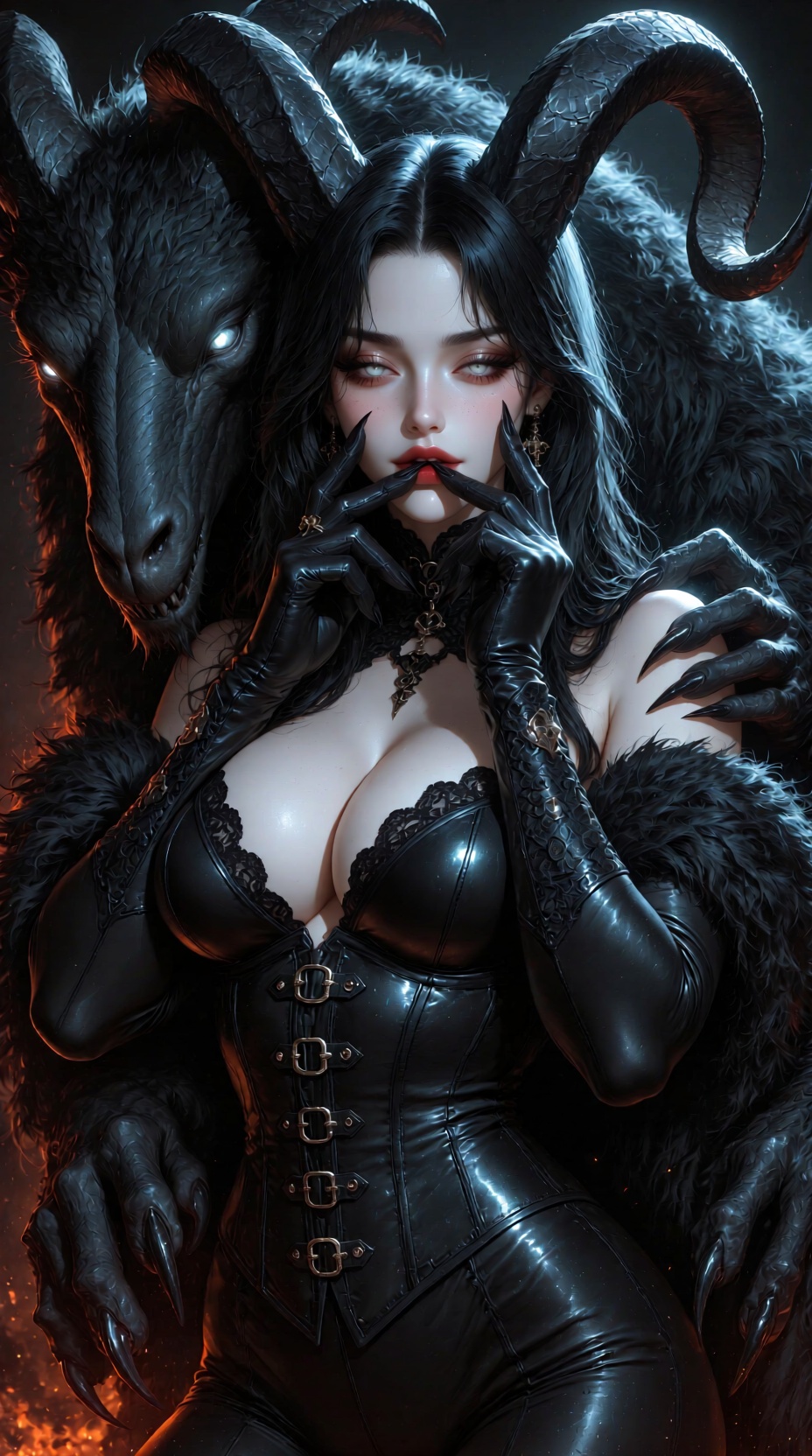 牛仔镜头,  聚焦于一位女性角色与一只恶魔生物的亲密互动。女性拥有乌黑长发和苍白皮肤,  大乳房 on Tensor.Art