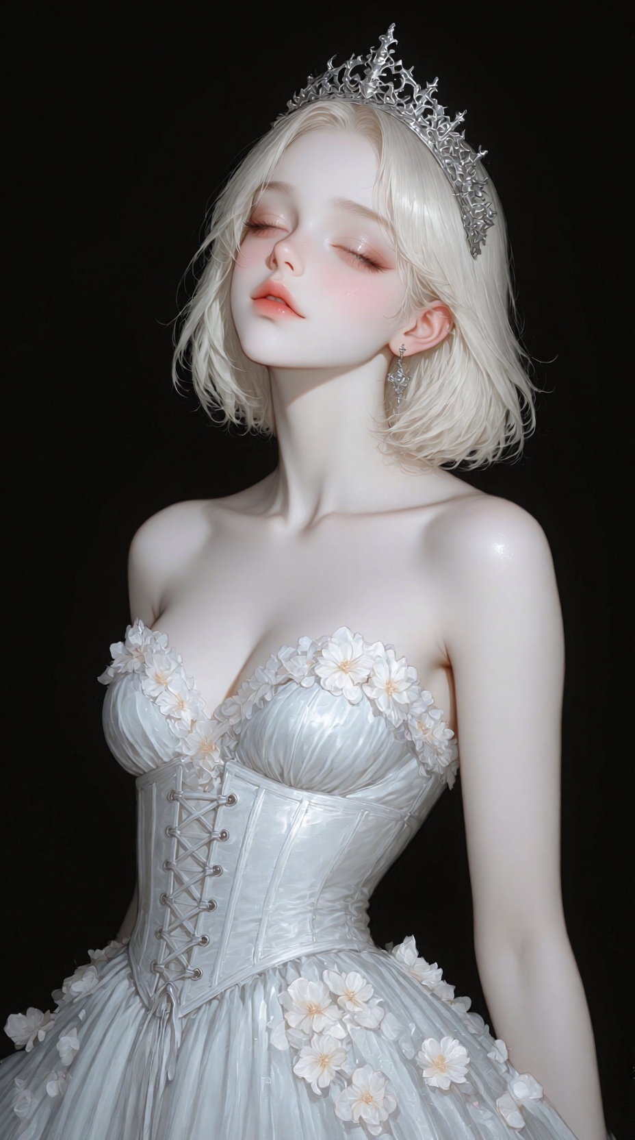 A whimsical soft digital painting,  half body portrait,  a serene **** pale princess wearing simple tightly corseted glowi...
