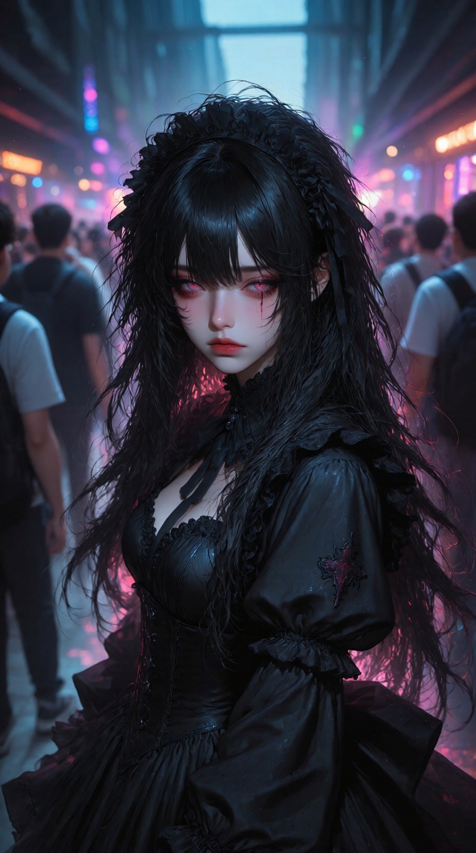 一个藏匿在穿梭的人群和光景中的凌乱cos蕾姆的黑色凌乱扭曲飞散毛糙长发美女,  悲伤倔强,  孤独傲慢 on Tensor.Art