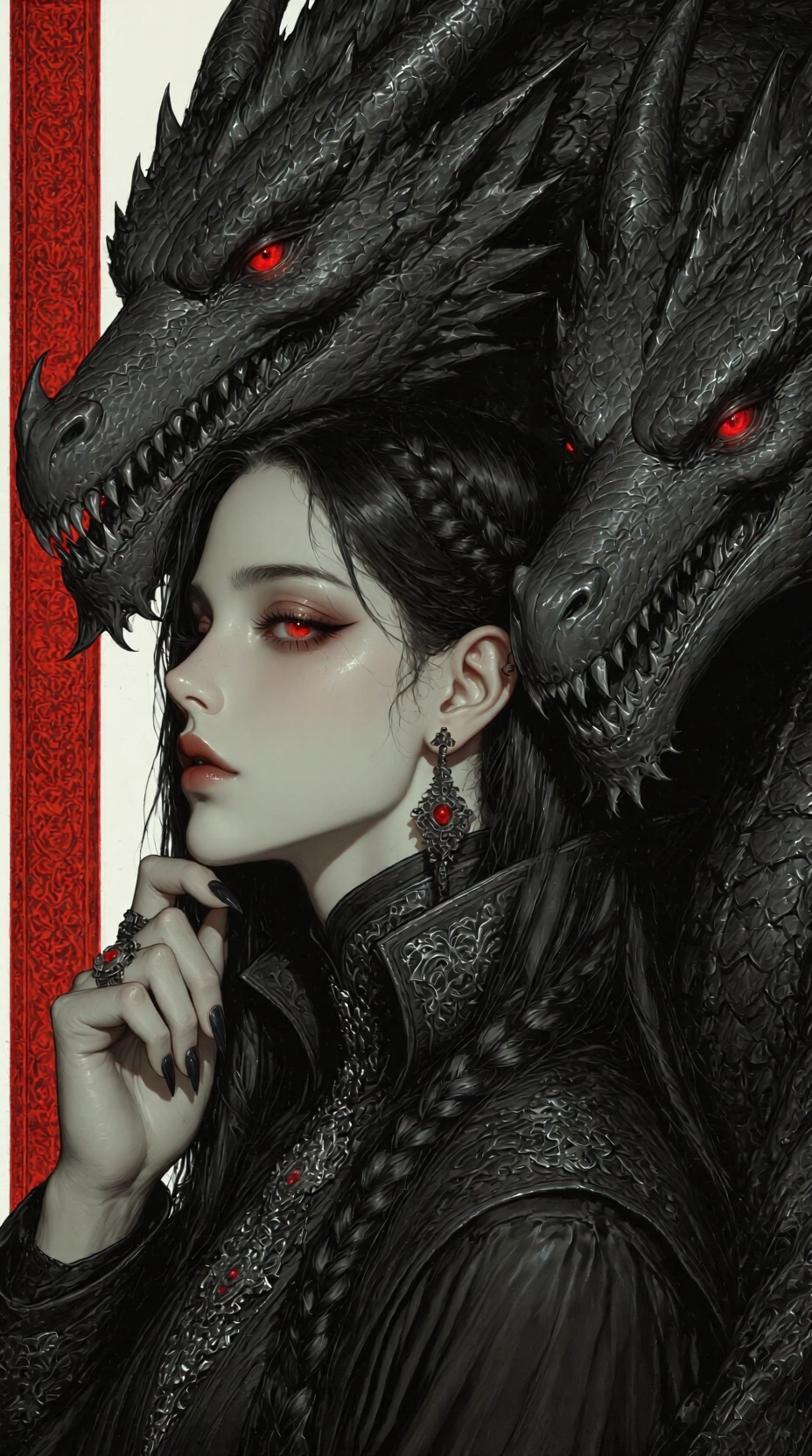 肖像镜头,  侧面拍摄,  聚焦于一位女性角色与两条巨龙的面部。女性位于画面中央偏左 on Tensor.Art